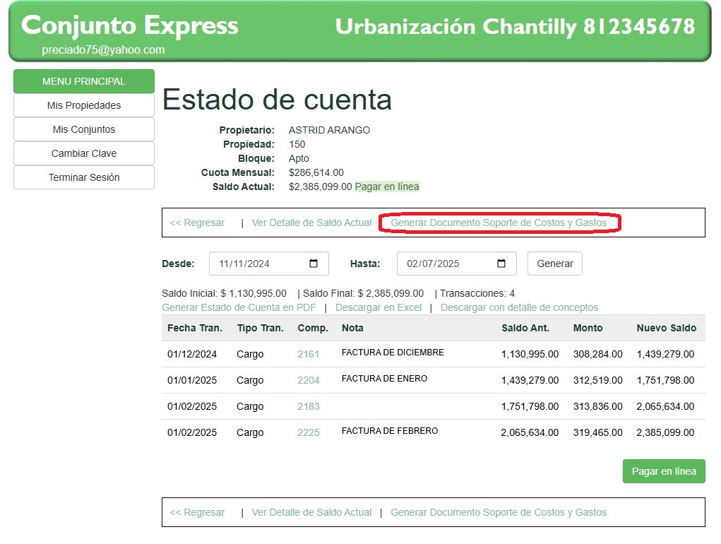 Estado de cuenta con el enlace para generar el documento soporte de costos y gastos